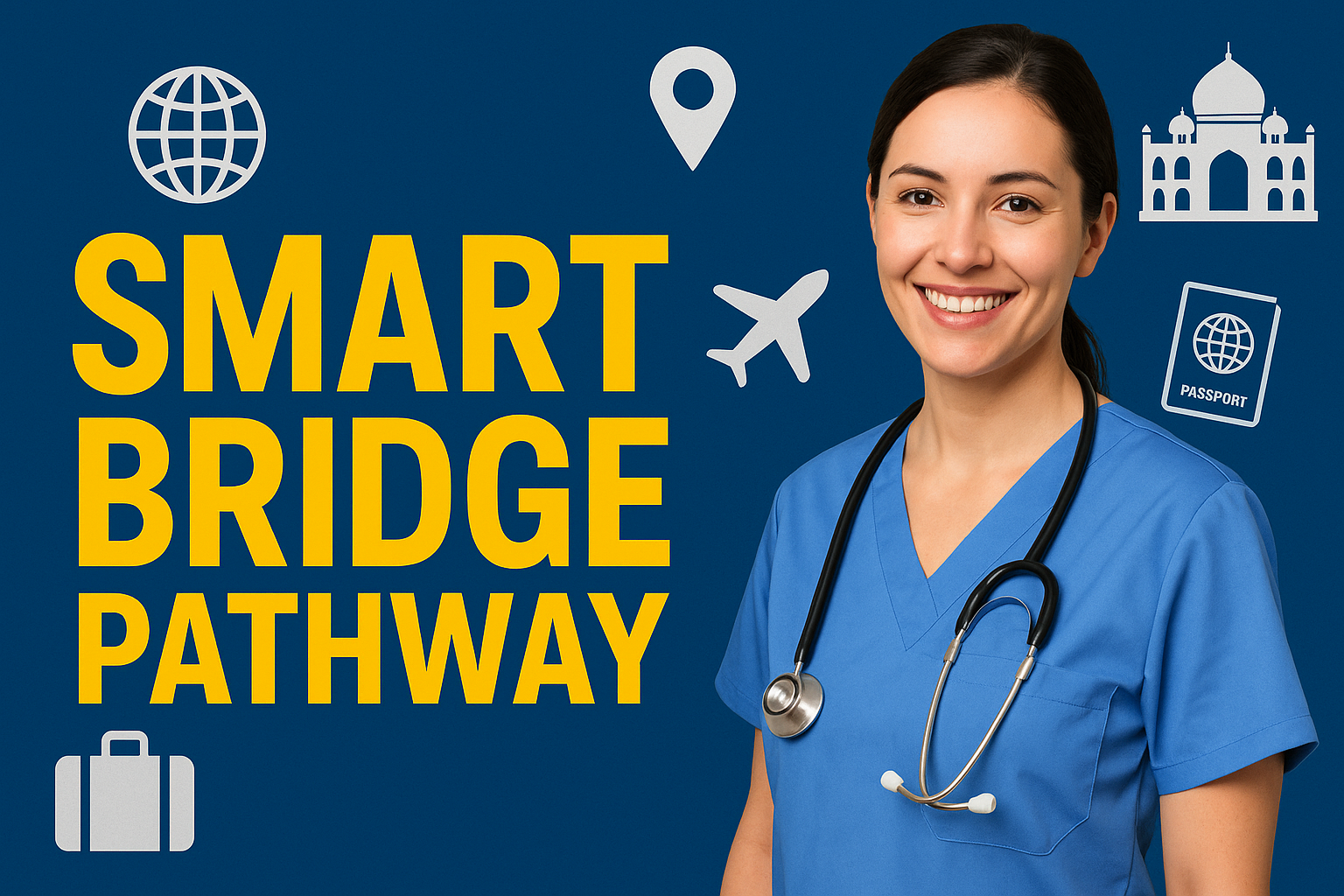 Nurse in blue scrubs with travel icons and “Smart Bridge Pathway” text, promoting international career opportunities and the Best OSCE Training in UK for overseas nurses.